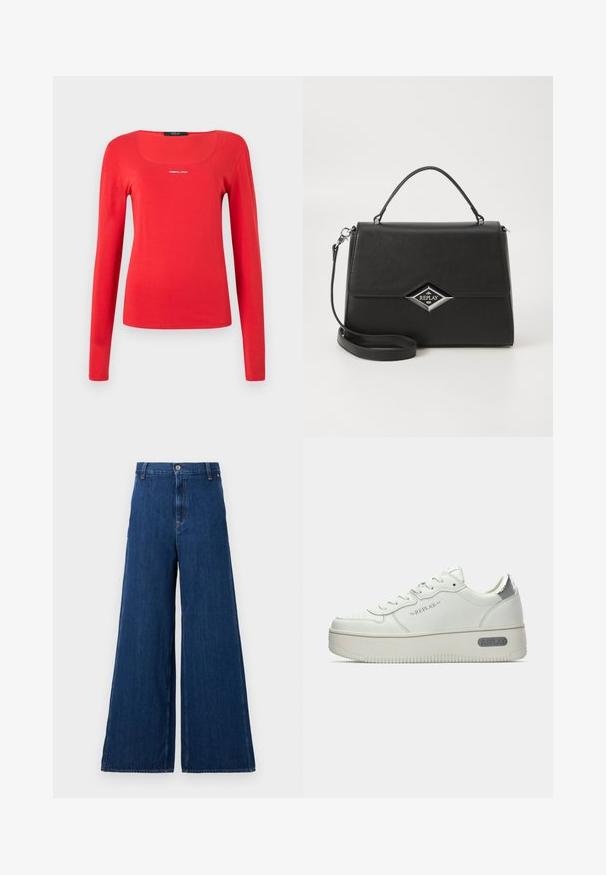 Replay SQUARED NECK - Camiseta de manga larga - red; Replay PANTS - Vaqueros rectos - dark blue; Zapatillas de piel blanca con una suela texturizada, que cuentan con una pestaña de talón metálica plateada y la marca "REPLAY" en el lateral. Diseño minimalista.; Bolso de mano sintético negro con un diseño estructurado, asa superior, correa de hombro desmontable y logotipo en forma de diamante plateado en el frente.