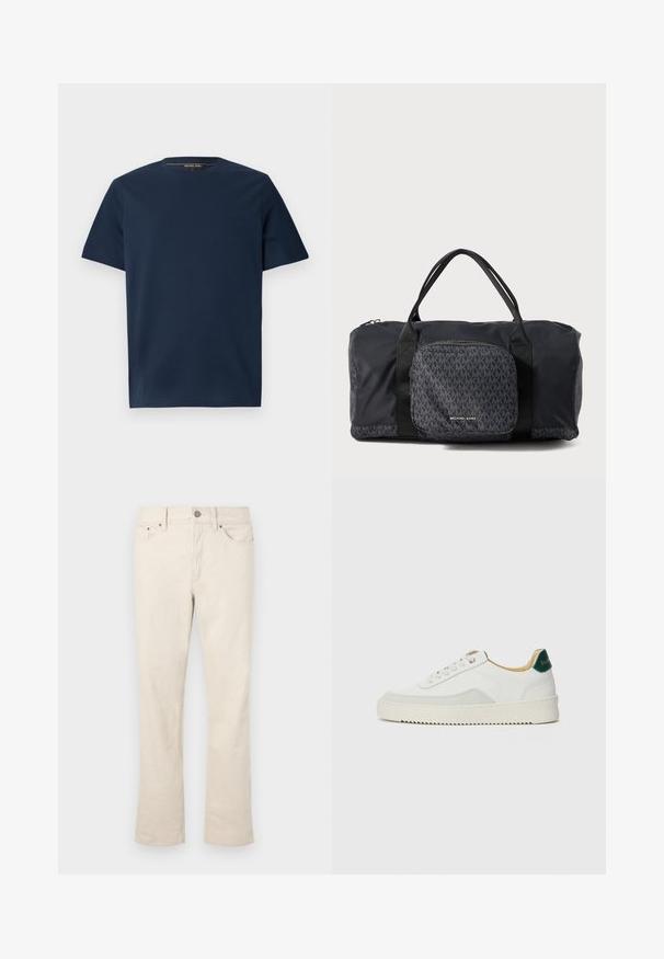 Tumedat sinise värvi lühikeste varrukatega T-särk, mis on tehtud siledast puuvillast, varustatud ümmarguse kaelusega ja väikese reljeefse logoga vasakus rinnas.; Beežid, puuvillasegu teksad sirge jala disainiga. Omab eesmist nööp- ja tõmblukku, viit taskut ja peeneid õmblusdetailid.; Valged tennisjalanõud, millel on sametised aktsendid, ümar varvas, lame nöörid ja kreemjas kummine põhja. Hästi nähtav roheline bränding kannal.; Must 黑色 Michael Kors duffel kott, kahekordsete käepidemetega, eesmine tõmblukuga tasku, kus on korduv MK logo muster ja Michael Korsi brändimine.