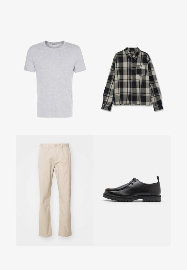 T-shirt de algodão cinza com decote redondo, mangas curtas e um design liso, apresentando uma textura suave e macia, sem padrões ou adornos visíveis.; Camisa de flanela preta e creme com padrão xadrez, mangas longas, fecho frontal com botões, um bolso no peito e bordado discreto do logótipo no bolso.; Chinos de algodão bege com um design de perna reta, apresentando um fecho de botão e pregas discretas para textura. Tecido suave e linhas limpas.; Shoe preto de couro com atacadores, equipado com uma sola robusta e puxador no calcanhar, apresentado de lado sobre um fundo branco.