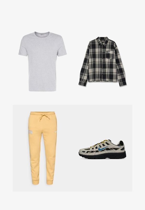 Gray cotton t-shirt with a crew neck, short sleeves, and a plain design, featuring a soft, smooth texture and no visible patterns or embellishments.; Black and cream plaid flannel shirt with long sleeves, button front, single chest pocket, and subtle logo embroidery on pocket.; Yellow drawstring sweatpants with elastic cuffs, "BOSTON" text on left thigh, and small white Nike logo on right thigh.; Beige and black Nike P-6000 sneaker with blue swoosh, yellow laces, black sole, and Cordura fabric label on the heel.