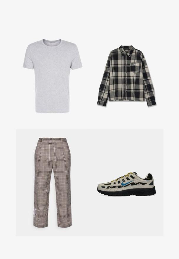 T-shirt de algodão cinza com decote redondo, mangas curtas e um design liso, apresentando uma textura suave e macia, sem padrões ou adornos visíveis.; Camisa de flanela preta e creme com padrão xadrez, mangas longas, fecho frontal com botões, um bolso no peito e bordado discreto do logótipo no bolso.; Calças cinzentas de padrão xadrez com corte largo, apresentando um padrão às riscas com linhas bege claras e pretas, e bolsos laterais. Acentuadas com letras brancas.; Sapatilha Nike P-6000 em bege e preto com swoosh azul, atacadores amarelos, sola preta e etiqueta de tecido Cordura no calcanhar.