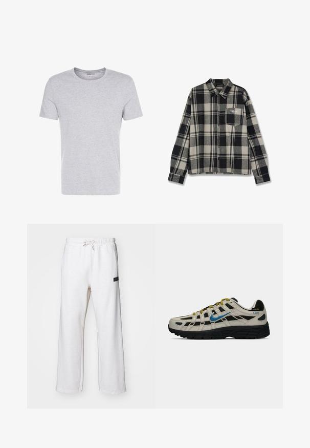 Graues Baumwoll-T-Shirt mit Rundhalsausschnitt, kurzärmlig und schlichtem Design, das eine weiche, glatte Textur aufweist und keine sichtbaren Muster oder Verzierungen hat.; Schwarz- und cremefarbener kariierter Flanellhemd mit langen Ärmeln, Knopfleiste, einer einzelnen Brusttasche und dezentem Logo-Stickerei auf der Tasche.; Ellesse MACCHIE - Jogginghose - oatmeal; Beige und schwarze Nike P-6000 Sneaker mit blauen Swoosh, gelben Schnürsenkeln, schwarzem Profil und Cordura-Gewebelabel an der Ferse.