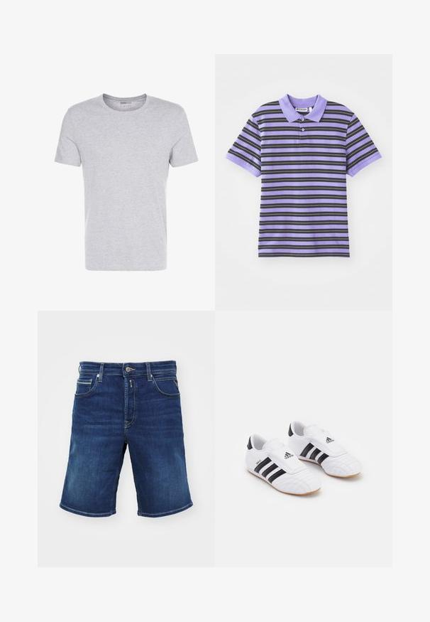 Šedé bavlněné tričko s kulatým výstřihem, krátkými rukávy a jednoduchým designem, má měkkou, hladkou texturu a žádné viditelné vzory ani ozdoby.; Fialové polo tričko s krátkým rukávem a černými vodorovnými pruhy, vybavené límečkem, knoflíkovou légou na dva knoflíky a jemnou texturou látky.; Džínové kraťasy tmavě modré barvy, s knoflíkovým zapínáním, pěti kapsami a rovnými nohavicemi. Středně těžká látka s mírným vyblednutím.; Bílé sportovní boty s černými pruhy, s texturou připomínající semiš, zaoblenou špičkou a suchým zipem. Gumová podrážka pro lepší přilnavost.