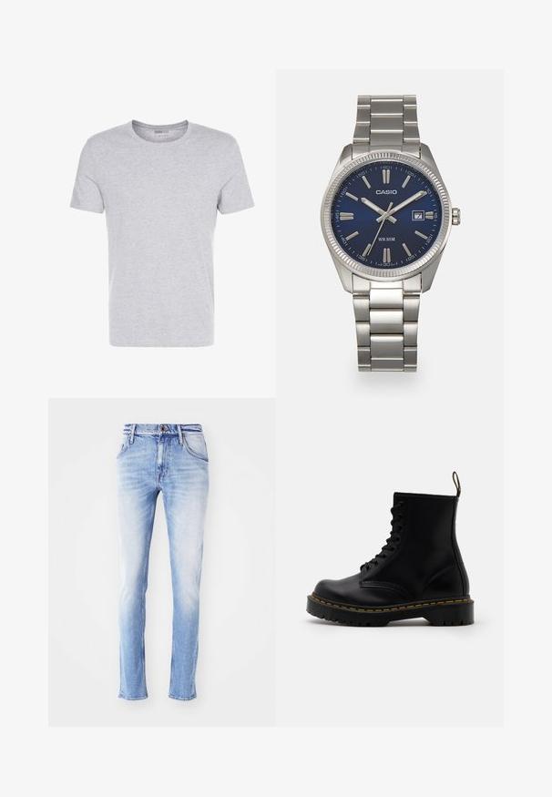 Grå bomull t-skjorte med rund hals, korte ermer og et ensfarget design, med en myk, glatt tekstur og ingen synlige mønstre eller dekorasjoner.; Lyseblå denimjeans med en falmet finish, rett benklipp, fem lommer, beltehemper og enkelt knappestekning i midjen.; Svarte skinnankler med snøring foran, gule sømmer, rund tå og en tykk, teksturert gummisåle.; Sølv rustfritt stål armbåndsur med en marineblå urskive, metalliske timemarkører og et datovindu ved 3-tiden. Vanntett opptil 50 meter.