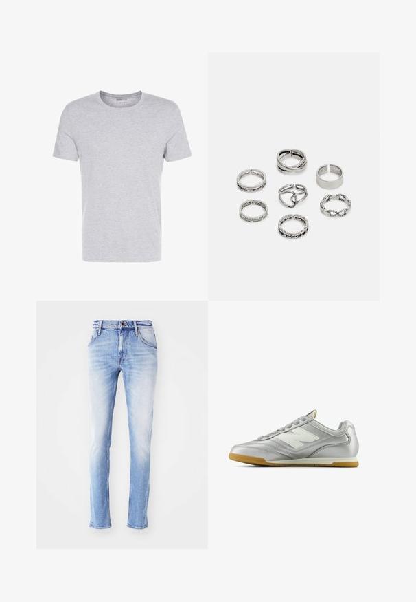 Szürke pamut póló kerek nyakkivágással, rövid ujjakkal és sima dizájnnal, puha, sima textúrával, látható minták vagy díszítések nélkül.; Világoskék farmernadrág, elhalványult kivitelben, egyenes szárú, öt zsebes, övhurkokkal, és egymagában gombbal záródik a deréknál.; Ezüst sportcipő sima, fényes felülettel, fehér logóval az oldalon, texturált szürke fűzőkkel és rágógumi talppal.; Hét ezüst gyűrűből álló szett, különböző formákkal és szélességekkel, köztük csavart, összekapcsolt és gravírozott mintákkal.
