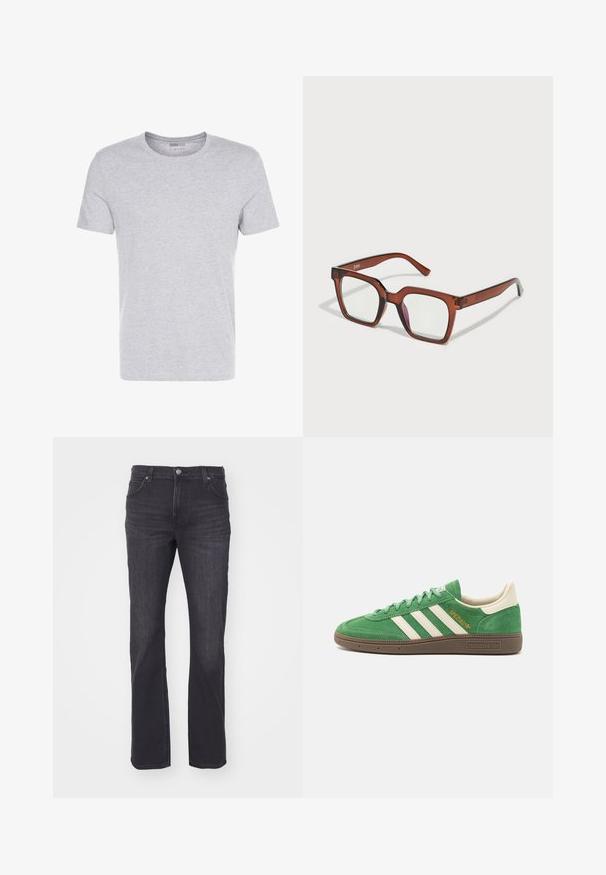 T-shirt en coton gris avec un col rond, des manches courtes et un design sobre, offrant une texture douce et lisse sans motifs ni embellissements visibles.; Jean en denim foncé avec une coupe droite, doté d'un style classique à cinq poches et d'une fermeture à un bouton à la taille.; Baskets en daim vert avec un design à trois rayures blanches, des accents crème et une semelle texturée marron. "SPEZIAL" brodé en doré sur le côté.; Lunettes rectangulaires oversize marron avec des verres clairs et une légère teinte rose sur le verre droit. Monture en plastique avec texture lisse.