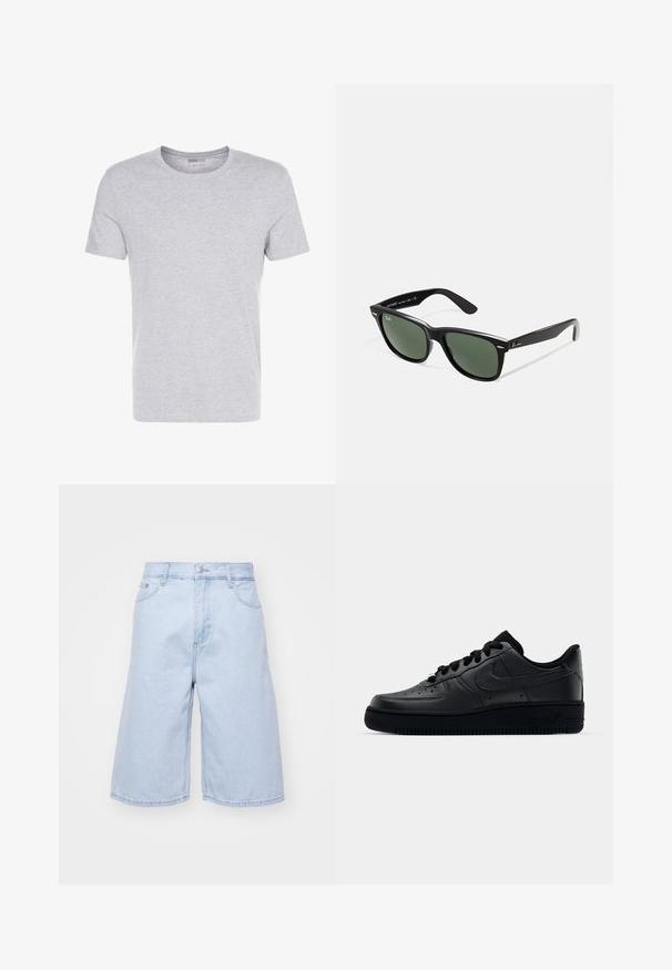 Grå bomullströja med rund hals, korta ärmar och en enkel design, med en mjuk och slät yta utan synliga mönster eller utsmyckningar.; Ljusblå denimshorts med lös passform, hög midja, fem fickor och dragkedja. Klara kanter med minimal blekning.; Svart Nike Air Force 1-sneaker med en slät läderöverdel, perforerad tå för andningsförmåga, svarta snören och en strukturerad gummisula.; Svarta plastsolglasögon med gröna linser, fyrkantiga bågar, silverdetalj på ögonbrynet och texturerade skalmar. Angiven märkning på den inre skalmen.