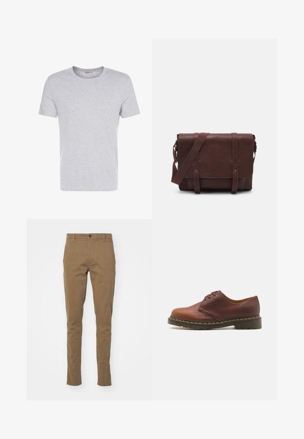 Gray cotton t-shirt with a crew neck, short sleeves, and a plain design, featuring a soft, smooth texture and no visible patterns or embellishments.; DOCKERS SMART SUPREME FLEX SKINNY - Chinos - cub; Brown leather shoe with a smooth finish, round toe, and five eyelet lacing. Features yellow stitching along the sole and a textured heel.; Brown leather messenger bag with a flat front flap, two straps, gold hardware accents, and an adjustable shoulder strap.