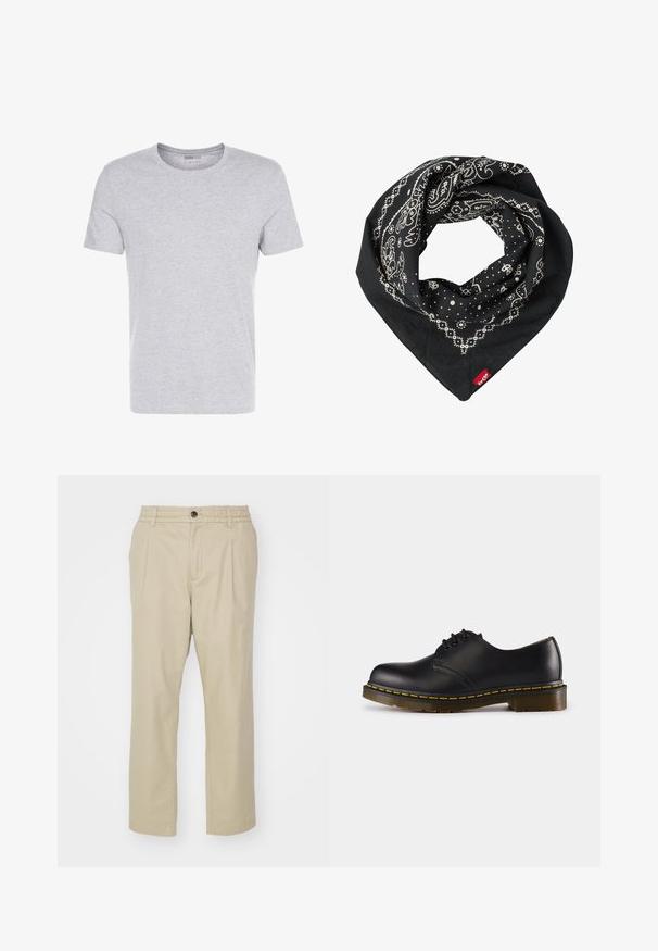 Szürke pamut póló kerek nyakkivágással, rövid ujjakkal és sima dizájnnal, puha, sima textúrával, látható minták vagy díszítések nélkül.; Jack & Jones JPSTKARL JJLAWRENCE SOUTH - Nadrágok - crockery; Fekete bőr cipő lekerekített orral, fűzős kialakítással, sárga varrással a talp mentén és masszív, texturált gumi talppal.; Levi's® PAISLEY BANDANA UNISEX - Selyemkendő - regular black