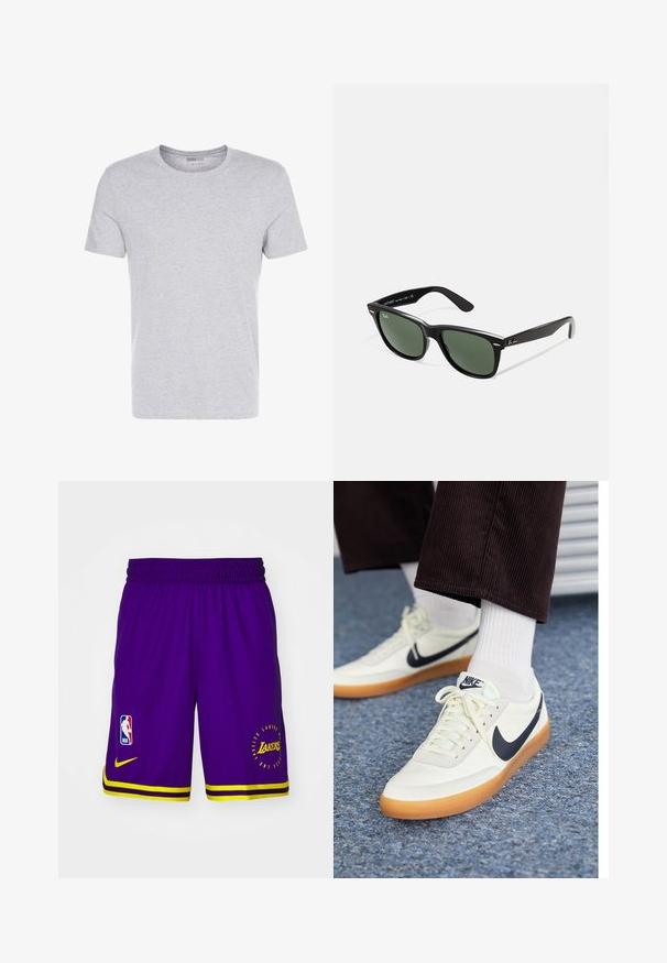 T-shirt de algodão cinza com decote redondo, mangas curtas e um design liso, apresentando uma textura suave e macia, sem padrões ou adornos visíveis.; Calções de basquetebol roxos com accents amarelos, faixa elástica na cintura, logotipo da NBA na perna esquerda, e "LAKERS" impresso em amarelo na direita.; Ténis Nike em pele branca com um swoosh azul-marinho, apresentando uma sola de borracha de cor castanha e cordões brancos, combinados com meias brancas de cano curto e calças escuras de veludo cotelê.; Óculos de sol de plástico preto com lentes verdes, armações quadradas, detalhe prateado na sobrancelha e hastes texturizadas. Marca indicada na parte interna da haste.
