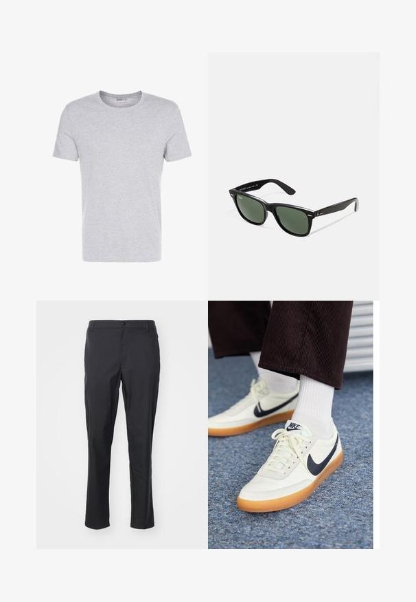 Šedé bavlněné tričko s kulatým výstřihem, krátkými rukávy a jednoduchým designem, má měkkou, hladkou texturu a žádné viditelné vzory ani ozdoby.; Černé kalhoty vyrobené z lehké tkaniny, s hladkou texturou, rovného střihu a zapínáním na knoflík v pase.; Bílé kožené tenisky Nike s námořnickým swooshem, se gumovou podrážkou a bílými tkaničkami, doplněné bílými ponožkami po kotníky a tmavými kordovými kalhotami.; Černé plastové sluneční brýle se zelenými skly, čtvercové obroučky, stříbrný detail na obočí a texturované stranice. Značka uvedená na vnitřní straně stranic.