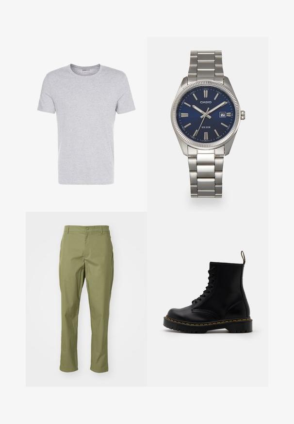 Sivi pamučni majica s округłym izrezom, kratkim rukavima i jednostavnim dizajnom, s mekom, glatkom teksturom i bez vidljivih uzoraka ili ukrasa.; Maslinasto zelene hlače s ravnim krojem, koje imaju kopčanje na dugme i kroj prilagođen tijelu. Glatka tkanina bez vidljivih uzoraka.; Crne kožne gležnjače s vezanjem na prednjoj strani, žutim šavovima, okruglim vrhom i debelim, teksturiranim gumenim potplatom.; Srebrni sat od nehrđajućeg čelika s tamnoplavim brojčanikom, metalnim oznakama sati i prozorom za datum na 3 sata. Vodootporan do 50 metara.