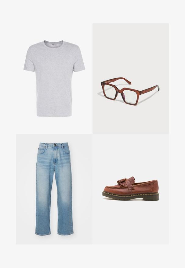 Pelēks kokvilnas T-krekls ar apaļu kakla izgriezumu, īsām piedurknēm un vienkāršu dizainu, ar maigu, gludu tekstūru un bez redzamām rakstiem vai rotājumiem.; Gaišzilas taisnu kāju džinsu bikses ar priekšējām kabatām, jostu cilpiņām un pogu aizdari.; Brūnas ādas mokasīni ar pušķu akcentiem, strukturēta virsma un kontrastējošs dzeltenais diegs melnajā gumijas zole. Sānu skats.; Brūnas pārāk lielas taisnstūrveida brilles ar caurspīdīgām lēcām un nelielu rozā nokrāsu labajā lēcā. Plastmasas rāmis ar gludu tekstūru.