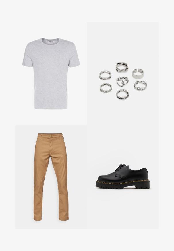 Siva bombažna majica z okroglo ovratnikom, kratkimi rokavi in enostavno zasnovo, ki ima mehko, gladko teksturo in brez vidnih vzorcev ali okraskov.; G-STAR Hlače chino - kangaroo; Črne usnjene čevlje z vezalkami in zaobljenim nosom, z gumijastim podplatom in rumenim šivom okoli osnove. Ravna zasnova in gladka površina.; Set sedmih srebrnih prstanov z različnimi oblikami, vključno s prepletenimi, povezanimi in graviranimi motivi. Različne oblike in širine.