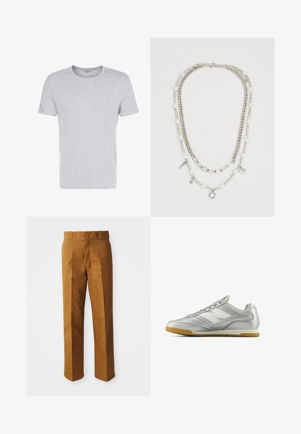 Graues Baumwoll-T-Shirt mit Rundhalsausschnitt, kurzärmlig und schlichtem Design, das eine weiche, glatte Textur aufweist und keine sichtbaren Muster oder Verzierungen hat.; Braune, maßgeschneiderte Hose mit glatter Textur, mit geradem Beinschnitt, Falten vorne und einem normalen Taillenbund.; Silberner Sportschuh mit einer glatten, glänzenden Oberfläche, weißem Logo an der Seite, strukturierten grauen Schnürsenkeln und einer Sohle aus Gummi.; Mehrlagige Halskette mit silbernen Ketten und Perlenperlen sowie Anhängern, darunter Schlüssel und ein quadratischer Anhänger. Glatte Textur mit glänzender Oberfläche.