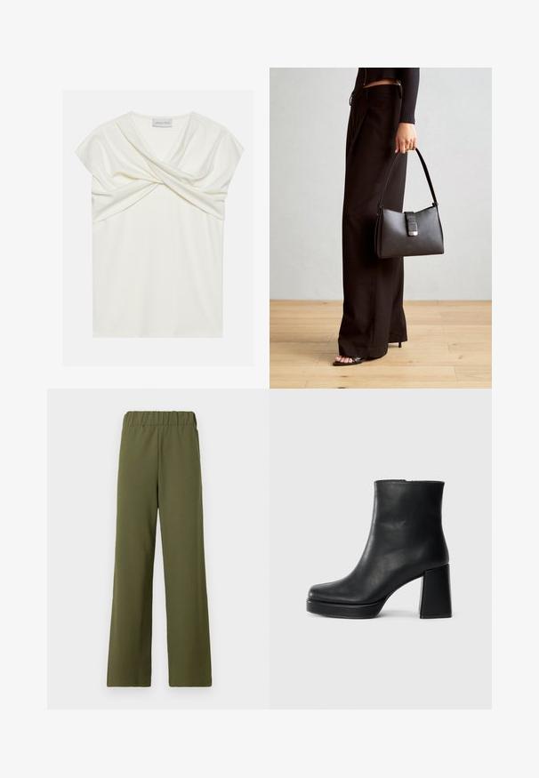 Bílé triko z krepu s výstřihem do V, krátkými rukávy ve stylu cap a zkrouceným předním designem, které nabízí hladkou texturu a moderní siluetu.; TOM TAILOR DENIM PLEATED PANTS - Kalhoty - grape leaf green; Černý kožený kotníkový bot s blokovým podpatkem a platformou, viděný z boku na jednoduchém bílém pozadí.; Černá kabelka se strukturovaným tvarem, hladkým povrchem a kovovým uzávěrem. Kombinována s širokými černými kalhotami a sandály s otevřenou špičkou na dřevěné podlaze.