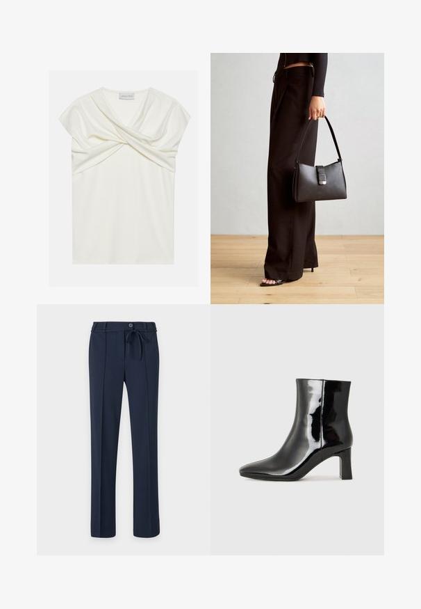 Bijela krepa majica s V-izrezom, kratkim kapama i uvrnutim prednjim dizajnom, koja pruža glatku teksturu i modernu siluetu.; Mornarske hlače od glatke tkanine, s rastezljivim pojasom, prednjim nabora i ravnim krojem. Bez džepova ili izraženih uzoraka.; Crne lakirane kožne gležnjače s šiljastim prstom i srednje visokom blok petom. Glatka tekstura i minimalistički dizajn.; Crna torba s oblikom koji sadrži strukturu, glađu teksturu i metalnu kopču. Uparena s širokim crnim hlačama i sandalama na otvorenom s drvenog poda.