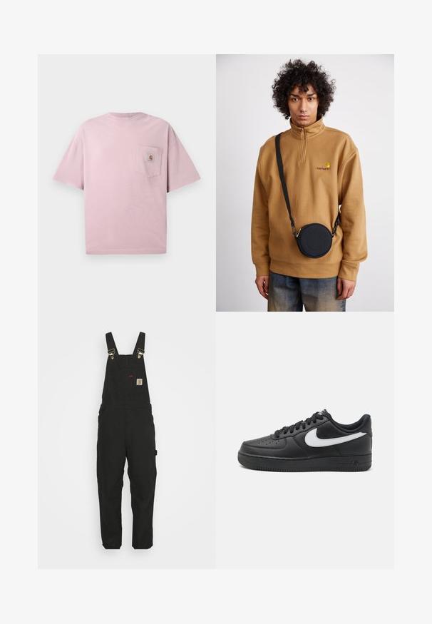 Világos rózsaszín pamut póló, kerek nyakkivágással, rövid ujjal, és elöl bal oldalon egy logóval ellátott zseb. Sima textúra.; Fekete pamut overál, állítható pántokkal, elülső zsebbel logóval, és két oldalzsebbel, lazább fazonnal.; Fekete Nike Air Force 1 tornacipő sima bőrből készült felsőrésszel, fehér logóval, perforált orral és texturált gumitalppal.; Barna negyedzipzáras polárpulóver hímzett logóval, amelyet egy fekete, cipzáras, logós részlettel ellátott keresztpántos táska alatt viselnek farmernadrág felett.