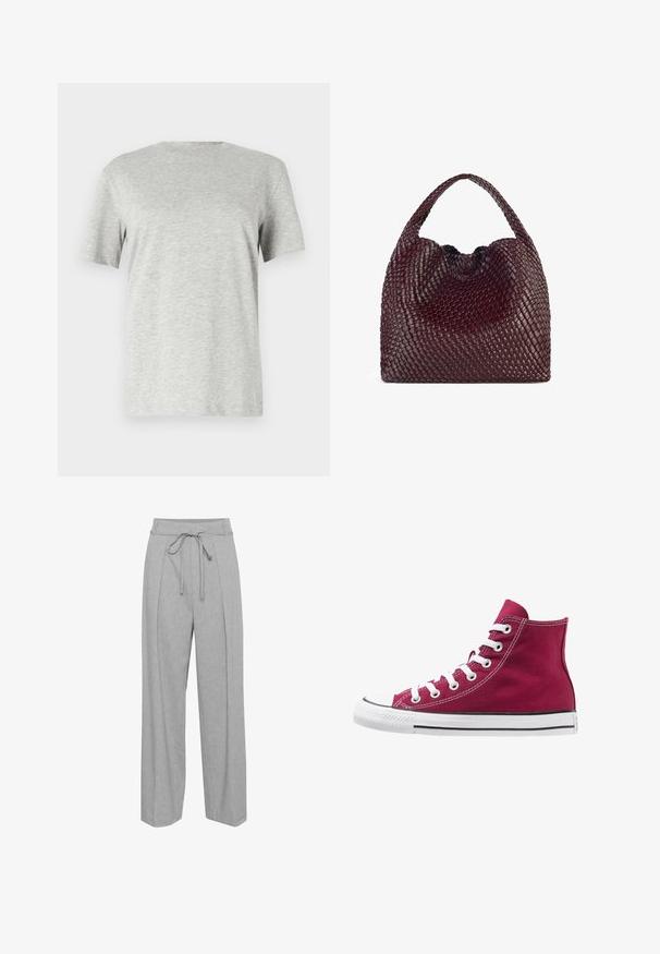 Siva, majica s kratkim rukavima izrađena od mekog, teksturiranog materijala; ima klasičan okrugli izrez i ležeran kroj bez uzoraka ili logotipa.; Sive hlače širokih nogavica od lana s visokim strukom, opremljene vezicom, nabranim detaljima sprijeda i mekim, teksturiranim završetkom.; Visoke tenisice od burgundske platne s bijelim vezicama, gumeni zaštitnik na prstima i crna pruga uz đon. Teksturirano šivanje naglašava dizajn.; Tkana vino crvena torba s rounded oblikom i jednom ručkom, s teksturiranom površinom i elastičnim zatvaranjem na vezicu.