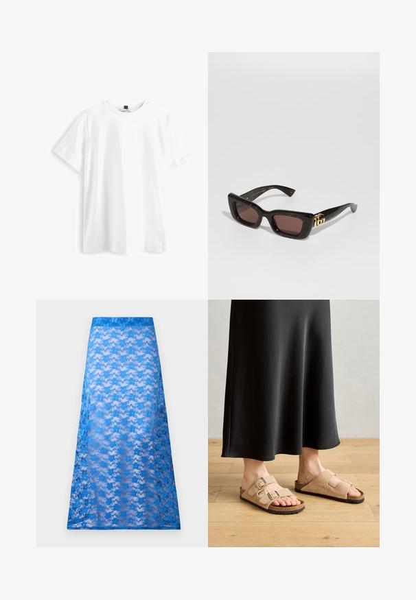 Tricou alb cu mânecă scurtă, fabricat din bumbac, cu guler rotund, tiv drept și o textură moale și netedă. Fără modele sau grafice.; Fustă maxi din dantelă albastră cu o textură transparentă, având un model floral și un talie solidă albastră. Se așează ușor de la șolduri până la tiv.; Sandale din suede bej deschis cu două curele reglabile cu catarame, talpă din plută și talpă din cauciuc, asortate cu o fustă neagră până la podea.; Ochelari de soare tortoiseshell negri cu lentile dreptunghiulare, nuanță de maron, ramă groasă și detaliu cu logo dublu-G aurie pe temple.; Cercei cu formă rotundă, de culoare auriu, cu un margine exterioară din rășină cu model țestoasă, având un finisaj neted și o formă elegantă.