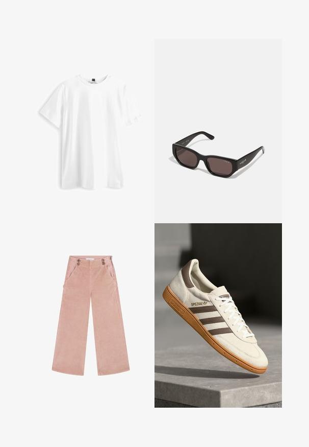 White short-sleeve T-shirt made from cotton, featuring a crew neck, straight hemline, and soft, smooth texture. No patterns or graphics.; Scalpers Trousers - pale pink; White suede sneaker with brown leather accents, three brown stripes, and white laces. Features a textured gum sole and gold "SPEZIAL" logo.; Black rectangular sunglasses with dark lenses. Features a smooth plastic frame and logo detail on the temple. Clean, modern design.; White canvas tote bag with gray "MK" logo pattern, brown leather accents, double handles, detachable shoulder strap, and tassel detail.