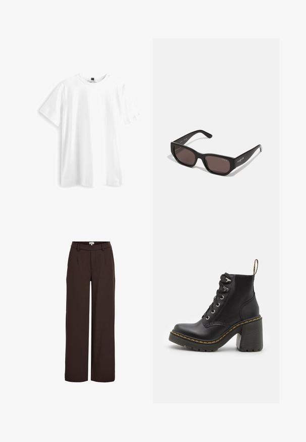 Witte T-shirt met korte mouwen, gemaakt van katoen, met een ronde hals, rechte zoom en een zachte, gladde textuur. Geen patronen of graphics.; Object OBJLISA WIDE - Broek - java; Zwarte leren enkelboot met een dikke hoge hak, vetersluiting aan de voorkant, metalen oogjes en gele stiksels langs de zool. Getextureerde rubberen zool.; Zwarte rechthoekige zonnebril met donkere lenzen. Heeft een gladde kunststof montuur en logo-detail op de tempel. Strak, modern ontwerp.; Bordeaux handtas van synthetisch materiaal met een gestructureerd ontwerp, voorzien van een afneembare schouderband en een met bloemenpatroon versierde sjaal die aan het handvat is geknoopt.