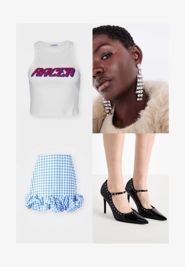 White ribbed cropped tank top featuring the word "RACER" in bold red and blue lettering across the front.; Blue and white gingham skirt with a ruffled hem. Features a fitted silhouette and soft fabric texture. Pattern consists of small checkered squares.; Black patent leather high heels with pointed toes, ankle straps, and metallic studs around the edges. Thin stiletto heels.; Silver drop earrings with multiple clear rhinestones, featuring a cascading design and textured surfaces, set against a neutral background.