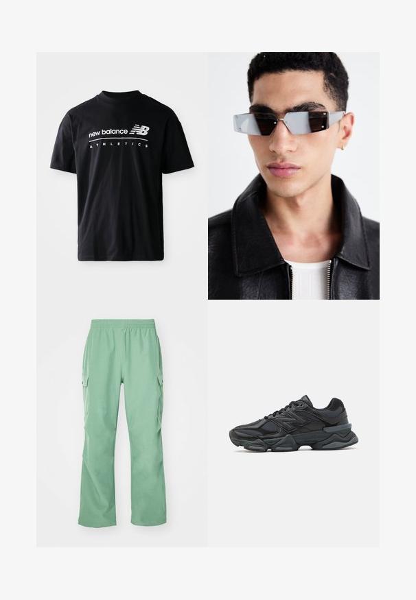 Črna bombažna majica s kratkimi rokavi in krožnim izrezom, na sprednji strani pa so beli grafični napisi "new balance" in "ATHLETICS".; Svetlozeleni cargo hlače z elastičnim pasom, narejene iz gladkega materiala, z dvema stranskima žepoma in ravnim krojem.; Črne tekaške superge, ki združujejo mrežaste in sintetične materiale, imajo debel podplat, ukrivljen oblikovni slog ter izrazito blagovno znamko na strani.; Angularne sončne očala s sivim tonom in srebrnim okovjem, postavljena na svetli podlagi. Leče imajo edinstveno geometrijsko obliko.