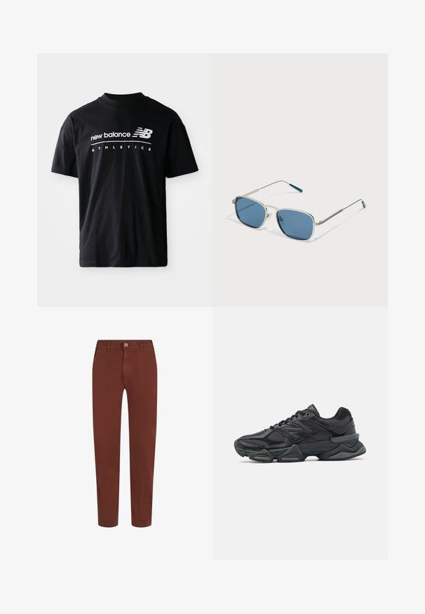 Zwarte katoen t-shirt met een ronde hals, korte mouwen en witte tekstgraphics van "new balance" en "ATHLETICS" op de voorkant.; Bruine rechte broek met een knoop aan de voorkant, riemlussen en zijzakken, weergegeven tegen een witte achtergrond.; Zwarte hardloopschoen met een mix van mesh en synthetische materialen, een stevige zool, gebogen ontwerp en prominente branding op de zijkant.; Zonnebril met een zilveren metalen frame, rechthoekige blauwe lenzen en dunne veren. Heeft blauwe accenten op de tempeltips.