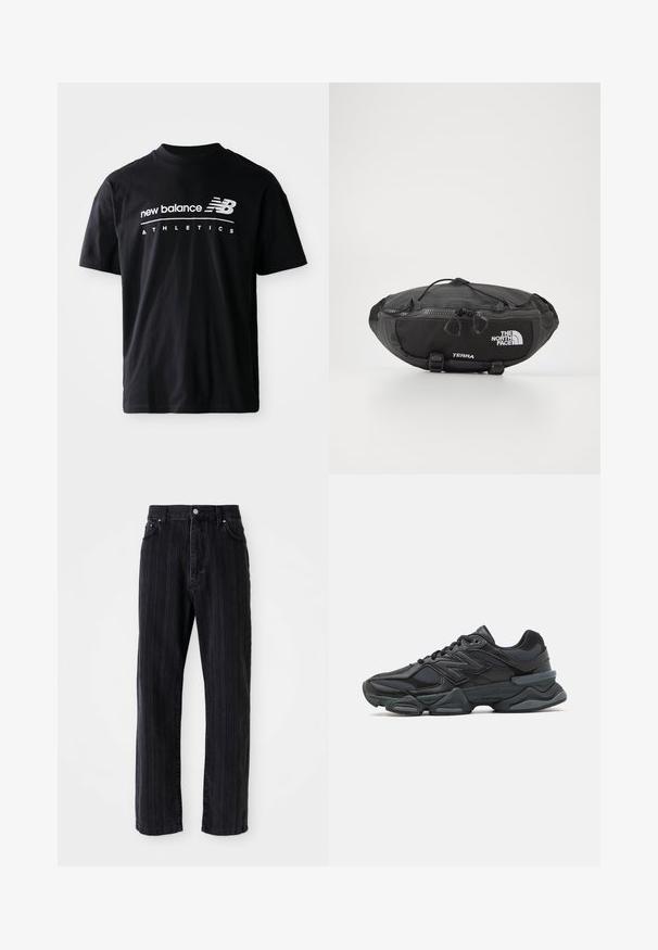Svart bomull T-skjorte med rund hals, korte ermer og hvite tekstgrafikker "new balance" og "ATHLETICS" på fronten.; Sorte denimjeans med vertikale striper, rett ben-design, frontlommer og knappelukking. Glatt tekstur og jevn farge.; Svart løpesko med en blanding av mesh og syntetiske materialer, chunky såle, buet design og fremtredende merkevare på siden.; The North Face TERRA LUMBAR 3L UNISEX - Rumpetaske - asphalt grey/black