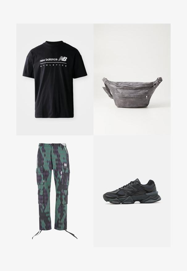 Svart bomull T-skjorte med rund hals, korte ermer og hvite tekstgrafikker "new balance" og "ATHLETICS" på fronten.; Cargo bukser i et diamantmønster af grøn, lilla og sort. Har seks lommer, justerbare manchetter og en knaplukning i taljen.; Svart løpesko med en blanding av mesh og syntetiske materialer, chunky såle, buet design og fremtredende merkevare på siden.; Grå semsket fanny pack med avrundet form, to glidelåslommer og justerbar stropp. Har metallbeslag som detaljer.