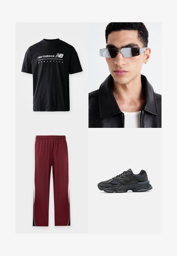 Svart bomullströja med rund halsringning, korta ärmar och vit textgrafik med "new balance" och "ATHLETICS" på framsidan.; Mörkröda sportbyxor med elastisk midja, kontrasterande vita sidostråk och svarta detaljer. Tillverkade av ett smidigt, lätt material.; Svart löparsko med en kombination av mesh och syntetiska material, kraftig sula, rundad design och framträdande varumärkning på sidan.; Vinklade gråtonade solglasögon med silverdetaljer, på en ljus bakgrund. Linserna har en unik geometrisk form.