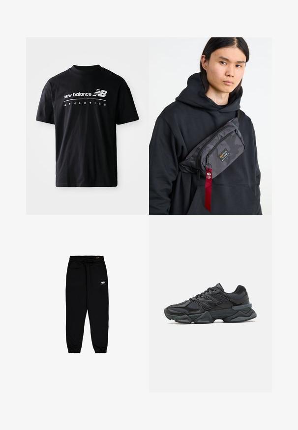 Czarna bawełniana koszulka z okrągłym dekoltem, krótkimi rękawami oraz białymi grafikami z napisem "new balance" i "ATHLETICS" z przodu.; Czarne spodnie dresowe wykonane z miękkiego, elastycznego materiału. Posiadają elastyczny pasek w talii ze sznurkiem oraz elastyczne mankiety. Małe białe logo na biodrze.; Czarne buty biegowe z mieszanką siateczki i materiałów syntetycznych, masywną podeszwą, opływowym kształtem oraz wyraźnym brandingiem z boku.; Czarna bluza z kapturem z szaro-camuflażową saszetką, wyposażoną w zamykaną kieszeń i czerwoną metkę z logo, noszoną na klatce piersiowej.