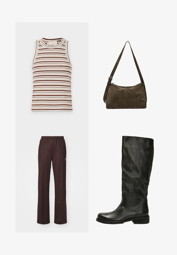 Hnědobílý pruhovaný top bez rukávů s žebrovanou texturou, kulatým výstřihem a bez rukávů. Obsahuje pruhy různých šířek.; Hnědé sportovní kalhoty s elastickým pasem, dvěma postranními kapsami a malým logem na levé straně, vyrobené z měkké tkaniny.; Felmini Vysoká obuv - black; Hnědá semišová taška přes rameno se zipem, plochým obdélníkovým tělem a nastavitelným ramenním popruhem. Obsahuje jemné švy.