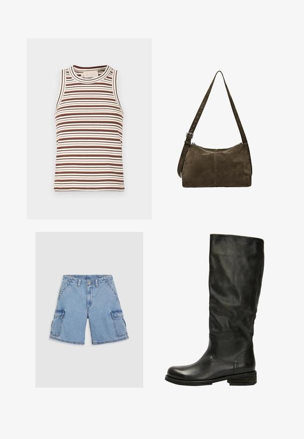 Brun og hvid stribet tanktop med ribbet tekstur, rund halsudskæring og ærmeløs design. Har varierende stribebredder gennem hele toppen.; Lyseblå denim cargo shorts med to store sidelommer, kontrastsyninger, en knaplukning og frynset kantdetalje.; Felmini Høje støvler/ Støvler - black; Brun ruskind skuldertaske med lynlåslukning, flad rektangulær krop og justerbar skulderrem. Har subtile syninger.