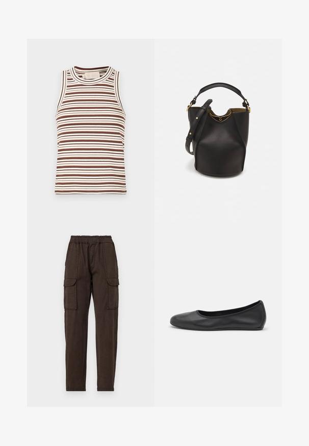 Top din bumbac cu dungi maro și alb, cu textură împă Trată, decolteu rotund și design fără mâneci. Prezintă lățimi variate ale dungilor pe întreaga suprafață.; Pantaloni cargo maro cu un brâu elastic, două buzunare mari în față și un design cu picior tapered. Fabri cați dintr-un material ușor, cu o textură mată.; Balerini din piele neagră, cu vârf rotund, textură netedă, detalii de cusătură minimale și un design al tălpii flexibil.; Geantă din piele neagră în stil bucket, cu un finisaj texturat, accente din metal auriu și un compartiment deschis. Dispune de o mânere scurtă și un curea de umăr ajustabilă.
