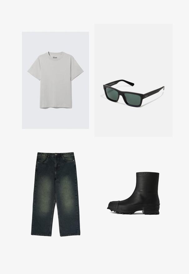 Helles graues Baumwoll-T-Shirt mit Rundhalsausschnitt und kurzen Ärmeln, das ein minimalistisches Design und eine lockere Passform aufweist. Keine Muster oder Akzente.; Hellebeinstrahlende dunkle Jeans aus Denim mit verblassten Stellen, fünf Taschen und kontrastierenden Nähten. Mit Knopf- und Reißverschluss.; CAMPERLAB TRAKTORI - Stiefelette - schwarz; Schwarze rechteckige Sonnenbrille mit grünem Glas, mattem Finish, geraden Bügeln und dem Ray-Ban-Logo an der Seite.