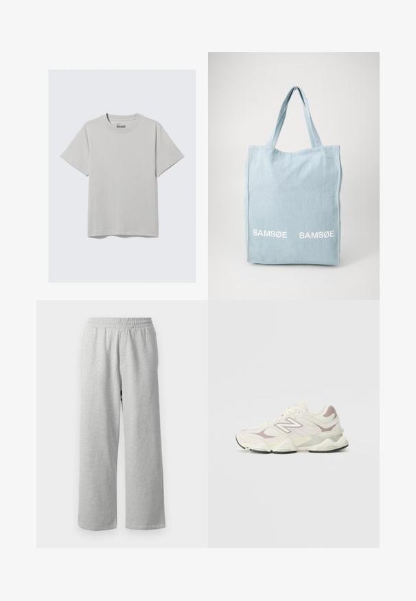 Helles graues Baumwoll-T-Shirt mit Rundhalsausschnitt und kurzen Ärmeln, das ein minimalistisches Design und eine lockere Passform aufweist. Keine Muster oder Akzente.; Graue Baumwoll-Sweatpants mit elastischem Bund und weitem Bein, mit einer glatten Textur und minimalistischem Design, geeignet für den Freizeitlook.; Weiße und hellgraue Sportschuhe mit einem Obermaterial aus Mesh und Synthetik, gepolstertem Schaft, strukturierten Akzenten und einer dicken Gummisohle.; Helleblaue Canvas-Tasche mit zwei weißen „SAM SøE“-Logos. Verfügt über zwei stabile Griffe und ein einfaches, rechteckiges Design.