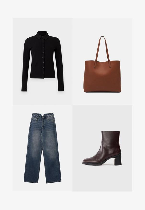 Cárdigan negro de manga larga con botones, con cuello, que presenta seis botones en la parte delantera y textura acanalada.; Vaqueros de hombre de tiro alto en denim azul, con pernera ancha, botón y cremallera frontales, y bolsillos delanteros y traseros.; Botín de cuero marrón oscuro con tacón cuadrado y puntera redonda, exhibido sobre un fondo gris claro liso.; Bolso tote de cuero marrón con una textura suave, diseño de apertura superior y dos correas para el hombro. Presenta una costura mínima y sin herrajes visibles.
