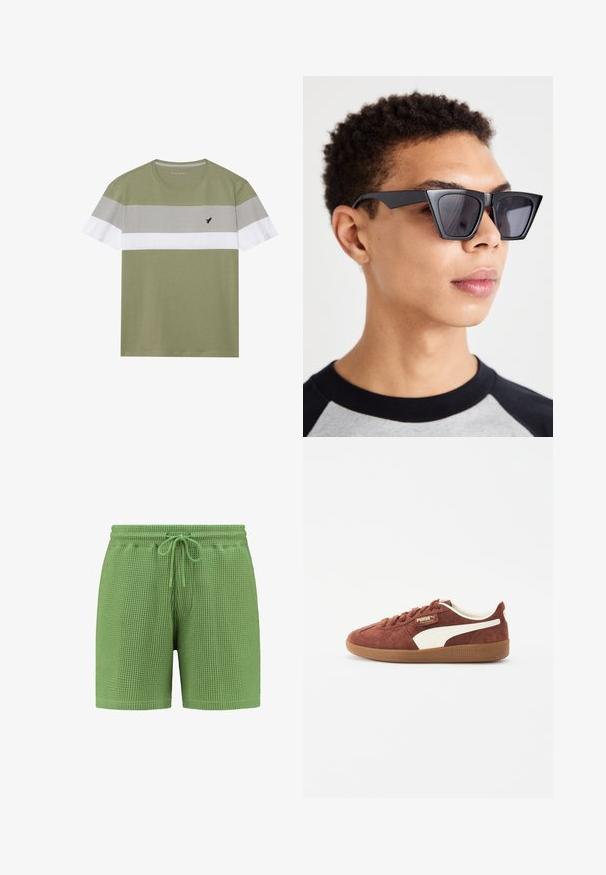 Olīvu zaļš T-krekls ar pelēkām un baltām horizontālām svītrām, klasiskā apaļā kakla, īsām piedurknēm un melnu putna logotipu uz krūšu daļas.; Zaļās vafeļu adīšanas šorti ar elastīgu jostasvietu un regulējamu auklu. Iespējamās sānu kabatas un brīvs piegriezums.; Tumši brūni zamšādas sporta apavi ar baltām ādas akcentiem, apaļa pirksta forma, ar auklēm, un gaiši brūna gumijas zole. Zīmola logo uz sāna un mēles.; Melna leņķainu saulesbrilles ar tumšiem stikliem, ar drosmīgu ģeometrisku dizainu un matētu apdari. Valkā persona ar īsiem matiem.