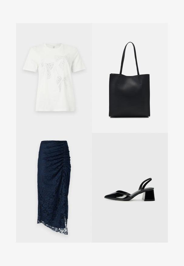 Bela bombažna majica s kratkimi rokavi, okrašena z rhinestones v obliki pentelj različnih velikosti in oblik po sprednji strani. Klasičen okrogel izrez.; Morska čipkasta midi krila z nabranim dizajnom, asimetričnim robom in cvetličnimi vzorci ter prosojno teksturo na dnu.; Črne lakirane slingback pete s koničastim nosom in geometrijsko blokasto peto. Imajo eleganten, minimalističen dizajn in gladko teksturo.; Črna usnjena torba s svilnato teksturo, pravokotne oblike in dvema dolgima ročajema. Brez vidnih metalnih delov ali okrasnih elementov.