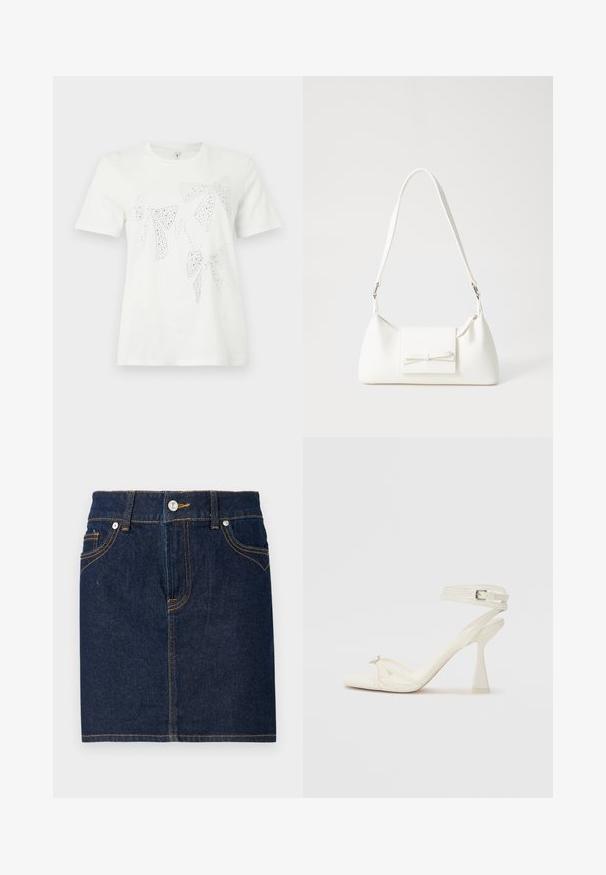 Hvit bomull T-skjorte med rhinstein-dekkede sløyfer i forskjellige størrelser og former over hele forsiden. Korte ermer og rund hals.; Mørkeblå denimskjørt med synlig søm, fem-lomme design og frontknappåpning. Rett snitt med en ren kant.; Høyhælte sandaler med stropp i hvitt lær, med et stilrent design, gjennomsiktig blokkhæl og et dekorativt element ved tåen.; Hvit syntetisk håndveske med trekantet form, flat klaff foran og sløyfe detaljer, justerbar stropp, glatt tekstur og minimalistisk design.
