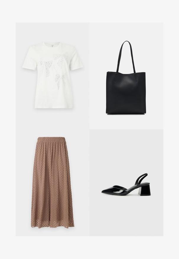 Witte katoenen T-shirt met strass versierde strikken in verschillende maten en vormen over de voorkant. Korte mouwen en ronde hals.; Bruine, knielange rok met een elastische tailleband, textuurstof met een diamanten patroon in een lichtere tint, lichtgewicht en vloeiend.; Zwarte gepatineerde leren slingback hakken met een spitse neus en een geometrische blokhak. Kenmerkt zich door een slank, minimalistisch ontwerp en een gladde textuur.; Zwarte leren handtas met een gladde textuur, rechthoekige vorm en twee lange handvaten. Geen zichtbare hardware of versieringen.