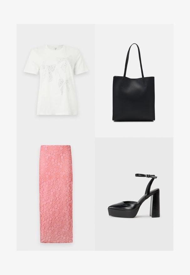 Valge puuvillane T-särk, mille esiküljel on erineva suuruse ja kujuga rhinestone-dekoratsiooniga lipsud. Lühikesed varrukad ja ümar kaelus.; Hele roosa pitsist seelik lillemustriga ja tekstureeritud viimistlusega; põlvepikkune disain ja keha lähedane siluett.; Mustad platvormi kontsad terava ninaga ja reguleeritava pahkluuraamiga. Valmistatud siledast nahast, funktsioneerib massiivse plokknäheeliga.; Mustast nahast kott sujuva tekstuuriga, ristkülikukujuline ja kahe pika sangaga. Pole nähtavat riistvara ega kaunistusi.