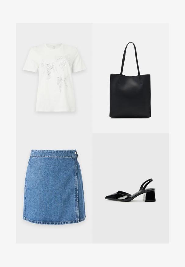 Hvit bomull T-skjorte med rhinstein-dekkede sløyfer i forskjellige størrelser og former over hele forsiden. Korte ermer og rund hals.; Jeansminiskjørt med blå vask, har en frontklaff, to metallknapper og synlig søm langs kanten og kantene.; Svarte patentlær slingback hæler med spiss tå og geometrisk blokk hæl. Har et stilrent, minimalistisk design og jevn tekstur.; Svart lær tote bag med glatt tekstur, rektangulær form og to lange håndtak. Ingen synlige deler eller dekorasjoner.