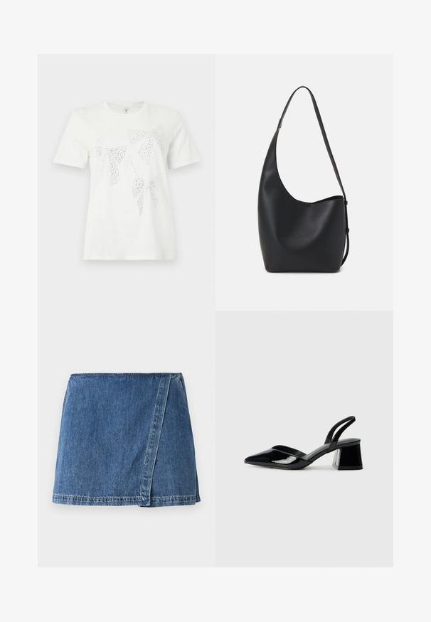 Hvid bomulds T-shirt med rhinsten dekorerede sløjfer i forskellige størrelser og former over fronten. Korte ærmer og rund halsudskæring.; Denimskørt i en mellemblå farve med en omslagdesign, der har synlige sømme og en lige kant.; Sorte patentlæder slingback hæle med spids tå og en geometrisk blok hæl. Har et elegant, minimalistisk design og en glat tekstur.; Sort læder hobo taske med en glat overflade, buet form og en enkelt justerbar rem; har en bred åbning øverst.