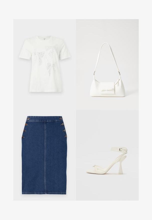 Fehér pamut póló, különböző méretű és formájú strasszos díszítésű masnikkal a mellrészen. Rövid ujjak és kerek nyakkivágás.; Sötétkék farmer ceruzaszoknya, egyenes szabással, az oldalon öt díszgombbal és látható varrásokkal.; Fehér bőr, pántos, magas sarkú szandál, letisztult limezéssel, átlátszó blokk sarkakkal és díszítő elemmel a lábujjaknál.; Fehér szintetikus kézitáska, háromszög alakú, lapos előlap, masni részlettel, állítható pánttal, sima textúrával és minimalista dizájnnal.