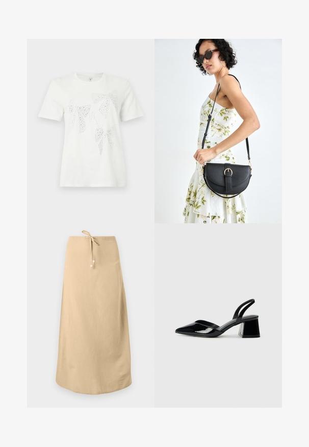 Weißes Baumwoll-T-Shirt mit mit Strass verzierte Schleifen in verschiedenen Größen und Formen auf der Vorderseite. Kurze Ärmel und Rundhalsausschnitt.; Beige Leinenrock mit einem Zugbandbund, verfügt über eine glatte Textur und einen abgerundeten Saum. Verziert mit kleinen dekorativen Perlen an den Bändern.; Schwarze Lackleder-Slingback-High Heels mit spitzem Schuh und einem geometrischen Blockabsatz. Verfügt über ein schlankes, minimalistisches Design und eine glatte Textur.; Schwarze Lederhandtasche mit geschwungener Form, abnehmbarem Tragegurt und goldenen Beschlägen. Die Tasche verfügt über einen Deckel mit einer Schnallen-Details.