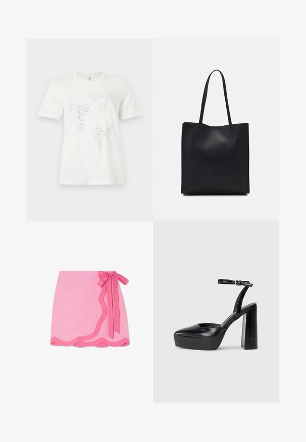 Hvit bomull T-skjorte med rhinstein-dekkede sløyfer i forskjellige størrelser og former over hele forsiden. Korte ermer og rund hals.; Rosa linning omslagskjørt med en bølget kant, med et kontrasterende mørkere rosa bånd i livet og en glatt tekstur.; Sorte plattformhelter med spiss tå og justerbar ankelrem. Laget av glatt lær, med en robust blokkhel.; Svart lær tote bag med glatt tekstur, rektangulær form og to lange håndtak. Ingen synlige deler eller dekorasjoner.