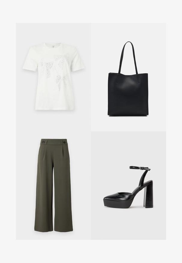 White cotton t-shirt featuring rhinestone-embellished bows in various sizes and shapes across the front. Short sleeves and crew neckline.; Wide-legged, olive green trousers made of smooth fabric; features two black buttons on the waistband and front pleats for added detail.; Black platform heels with a pointed toe and adjustable ankle strap. Constructed from smooth leather, featuring a chunky block heel.; Black leather tote bag with smooth texture, rectangular shape, and two long handles. No visible hardware or embellishments.
